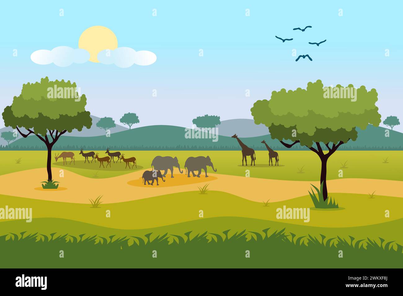 Illustration de paysage de forêt de savane africaine avec girafe, cerf, éléphant et oiseau. Illustration de Vecteur