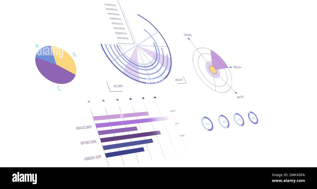 Image de statistiques, de graphiques et de traitement de données financières sur fond blanc Banque D'Images