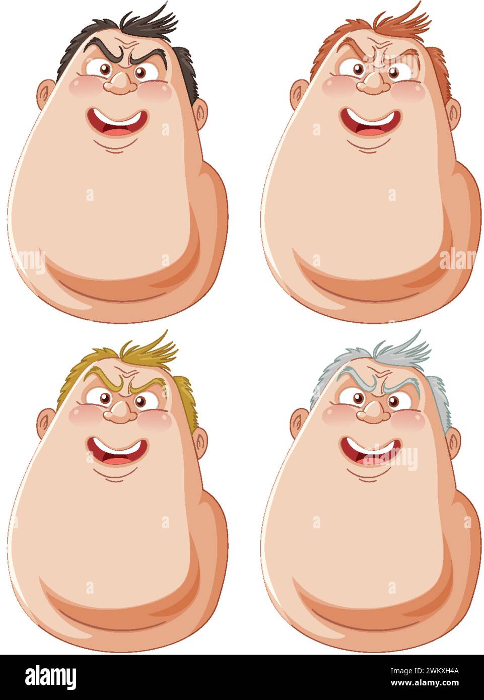Quatre visages de dessins animés montrant différentes expressions. Illustration de Vecteur