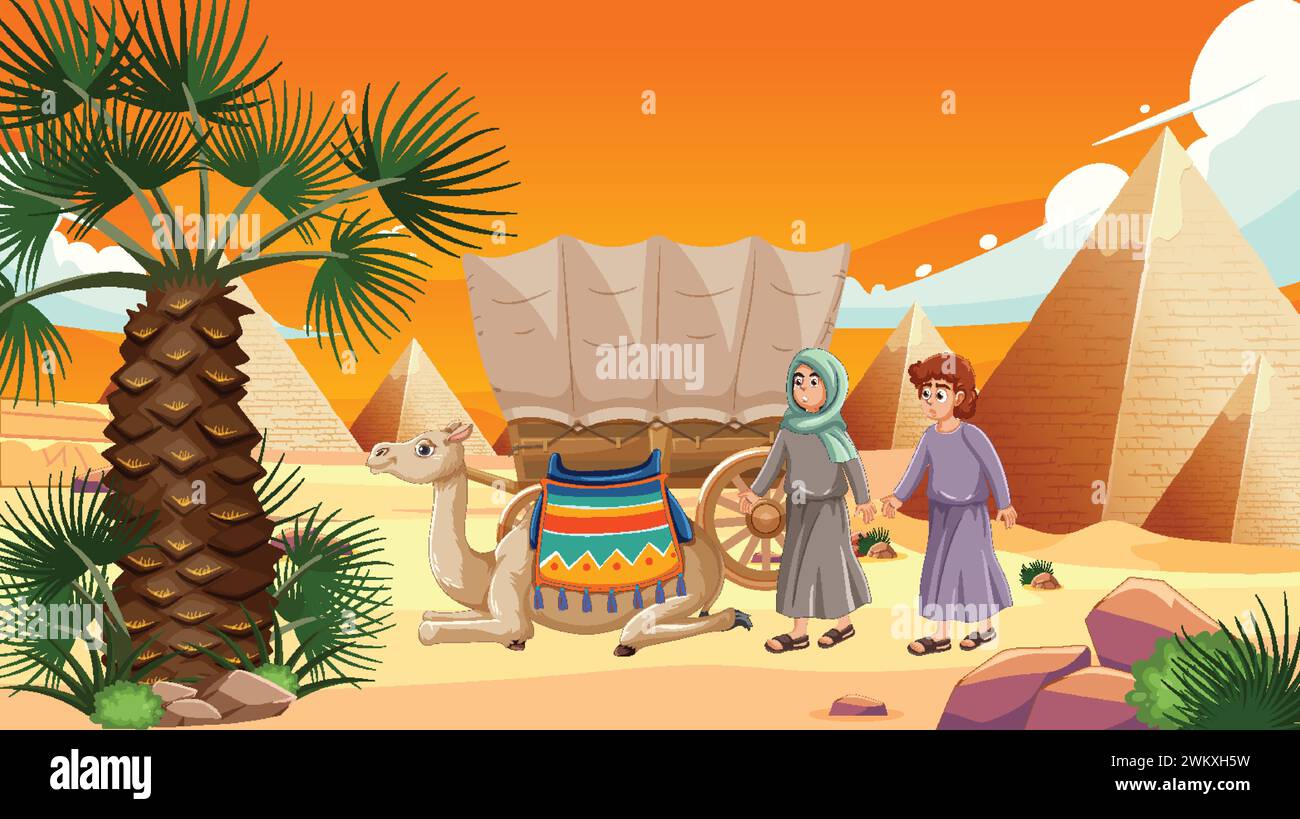 Illustration d'Egyptiens avec chameau par des pyramides. Illustration de Vecteur