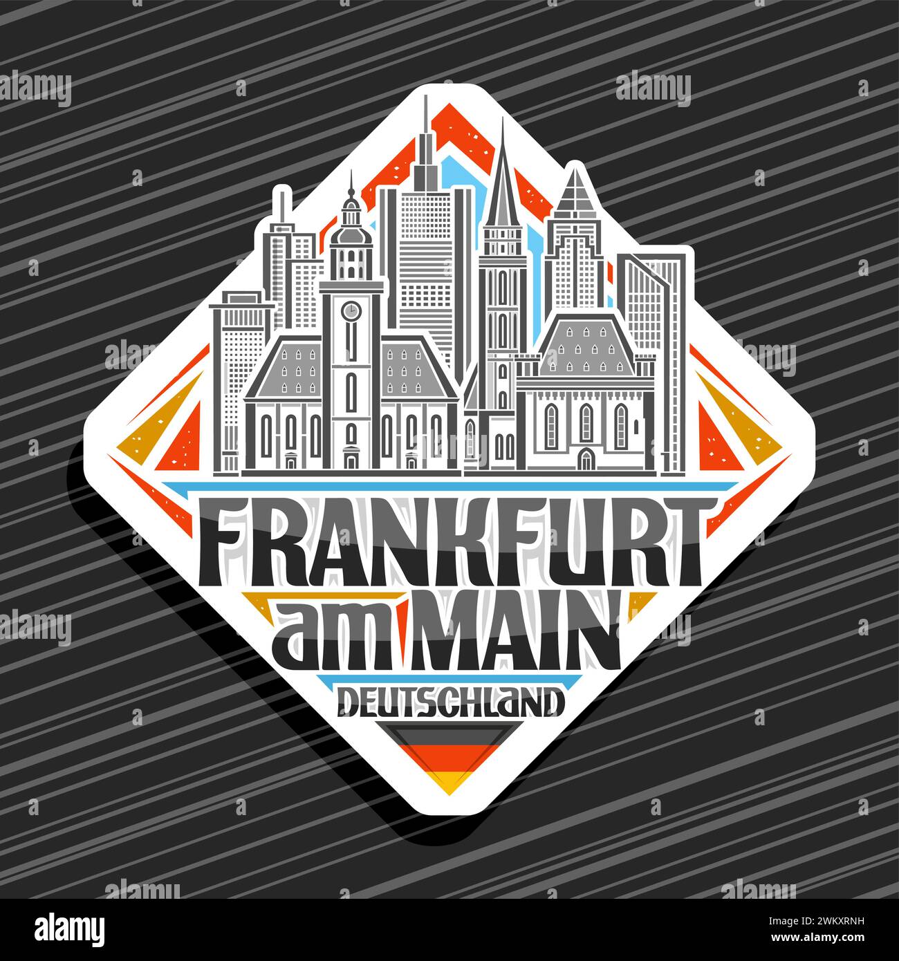 Logo vectoriel pour Francfort-sur-le-main, panneau routier en losange blanc avec illustration de contour du paysage urbain européen de francfort, aimant décoratif de réfrigérateur Illustration de Vecteur