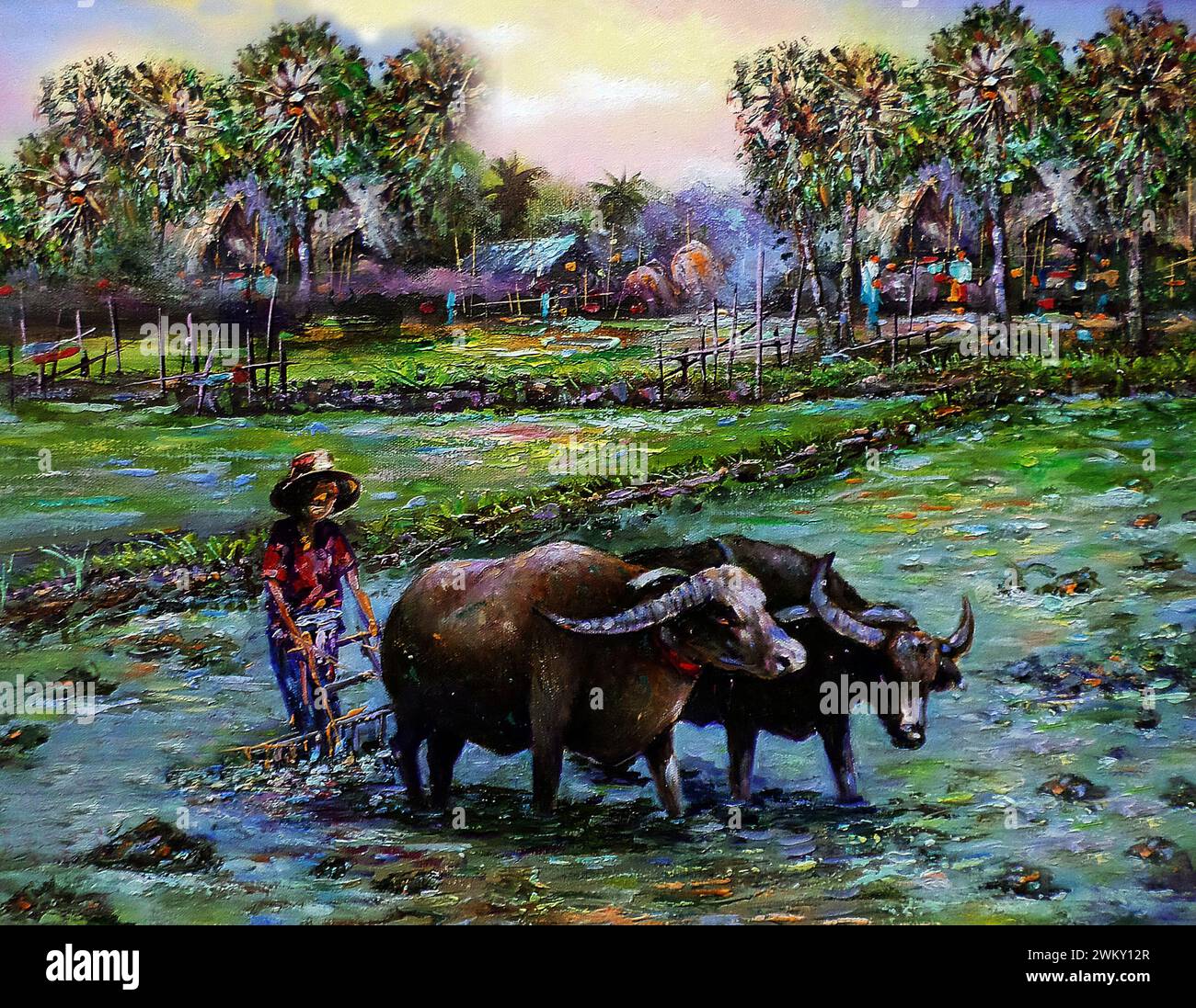 Peinture d'art à l'huile de couleur plowman Hut nord-est de la Thaïlande campagne Banque D'Images