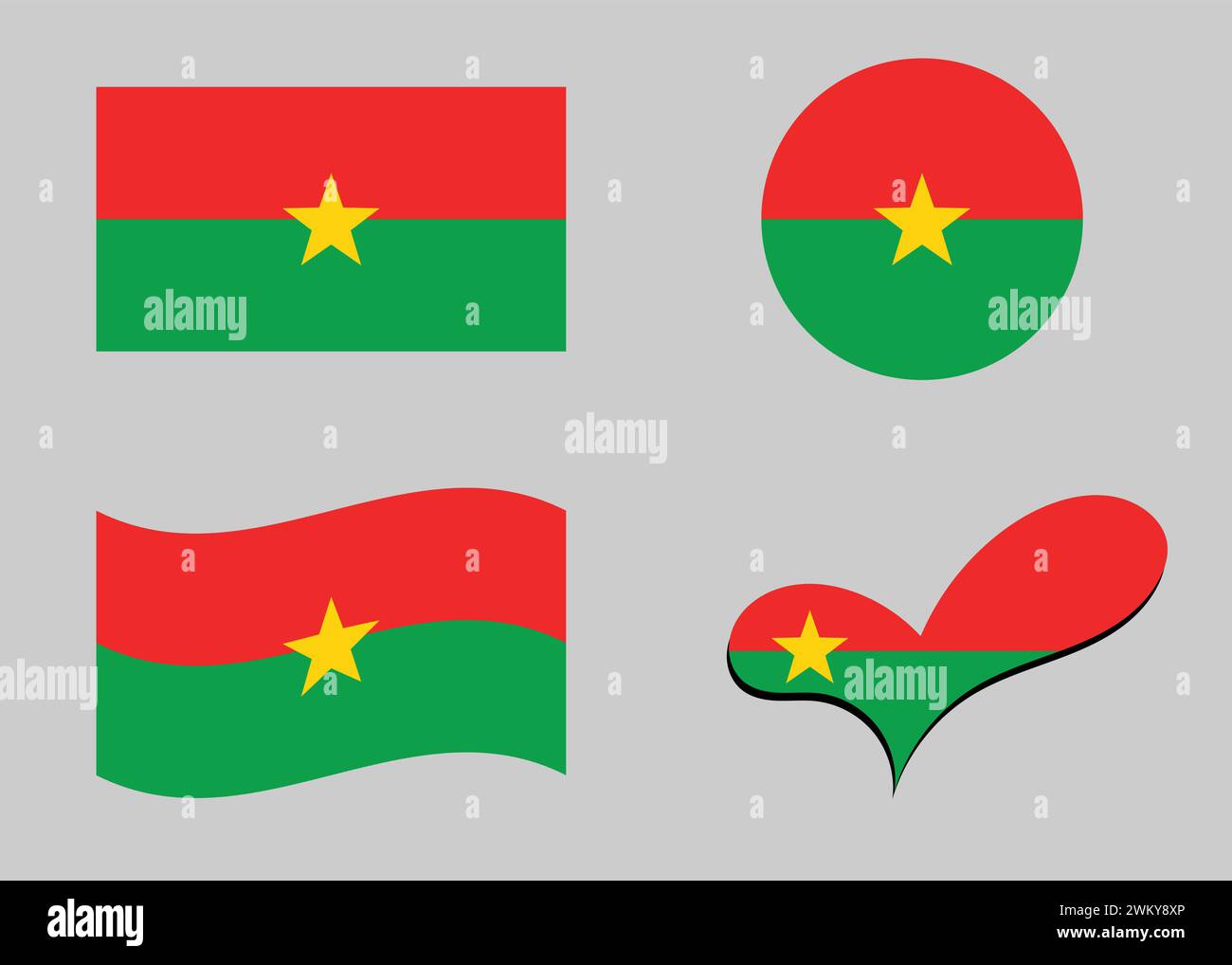 Drapeau du Burkina Faso. Drapeau du Burkina Faso en forme de coeur. Drapeau du Burkina Faso en forme de cercle. Variations de drapeau de pays. Illustration de Vecteur