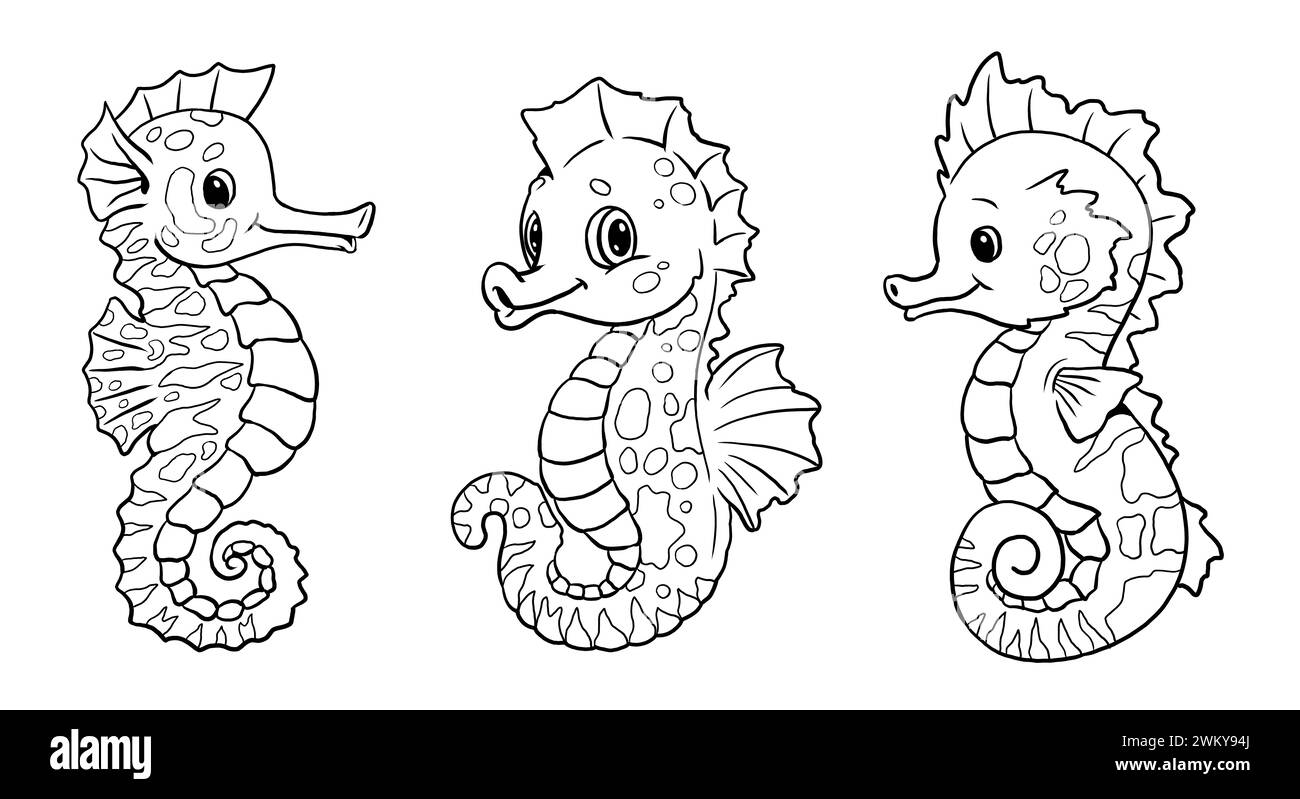 Set avec hippocampes drôles à colorer. Modèle pour un livre de coloriage avec mer ​​animals. Modèle de coloriage pour les enfants. Banque D'Images