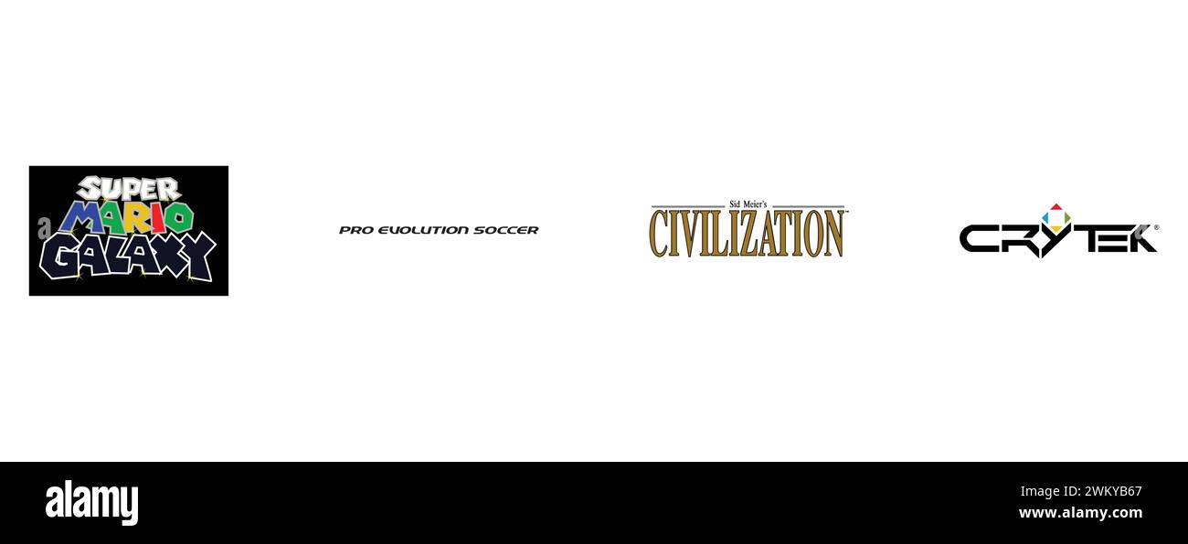 Civilisation V1, Crytek, Pro Evolution Soccer, Mario Galaxy 2. Collection du logo de la meilleure marque. Illustration de Vecteur