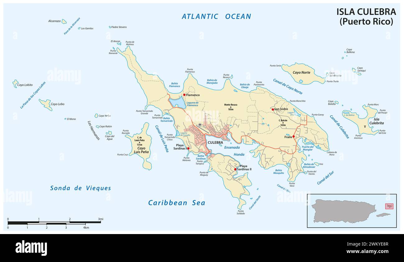 Carte routière vectorielle de l'île portoricaine de Culebra Banque D'Images