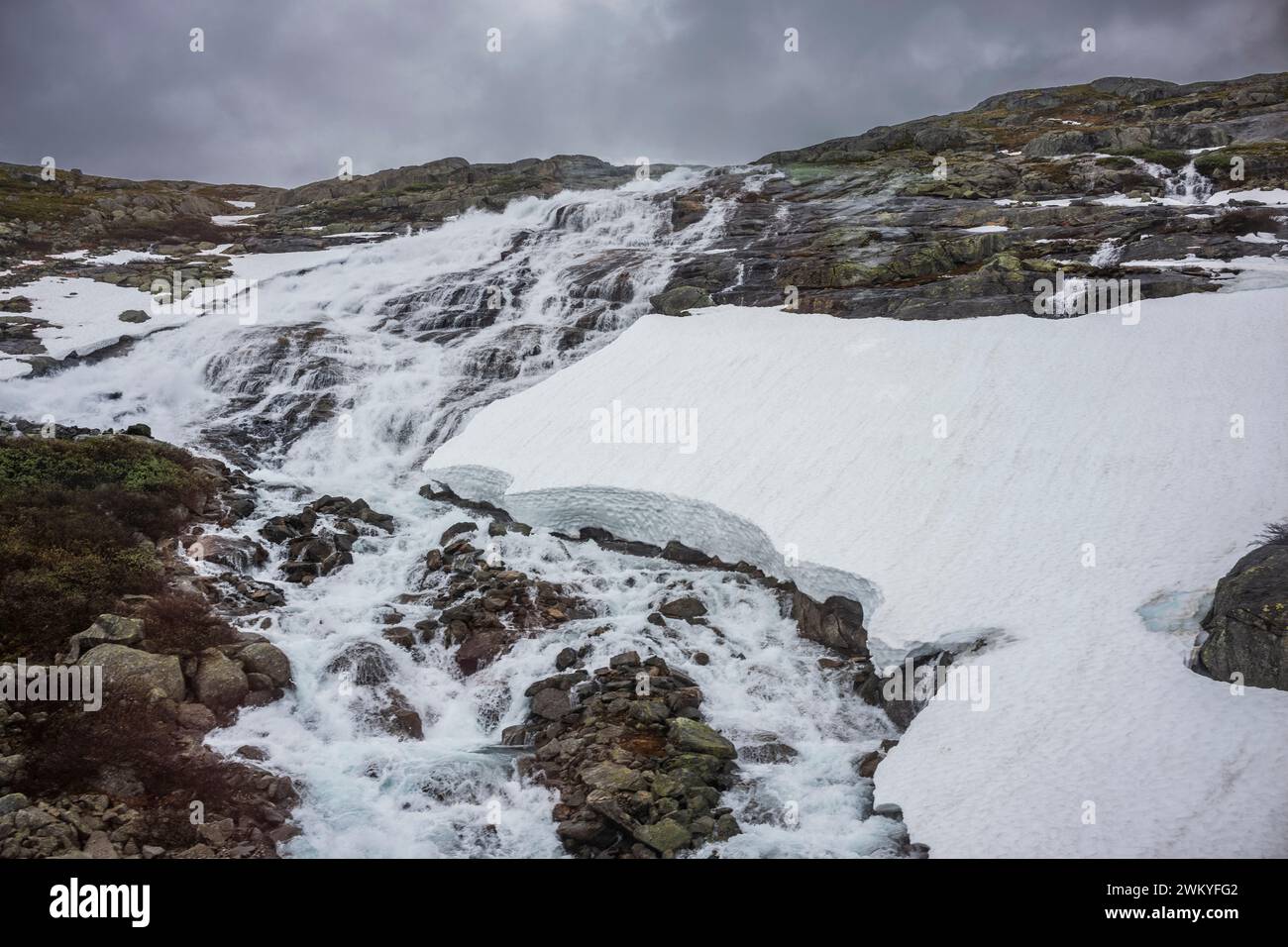 Un paysage norvégien pittoresque pris du train de voyageurs d'Oslo à Bergen, Norvège. La fonte des eaux d'un glacier provoque une chute d'eau dans le mont Banque D'Images