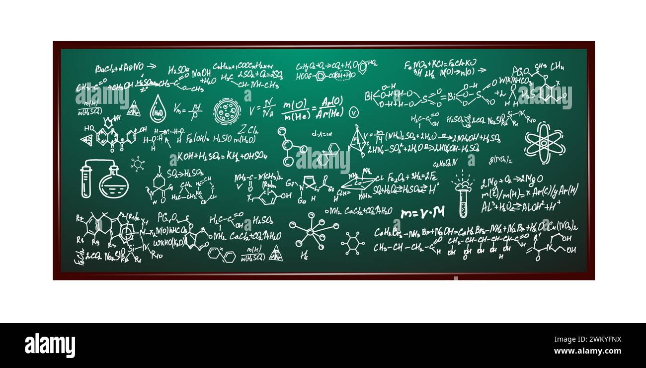 Tableau noir avec inscriptions .formule chimique sur tableau blanc.fond scientifique et éducatif.Tableau d'écriture scolaire .illustration vectorielle. Illustration de Vecteur