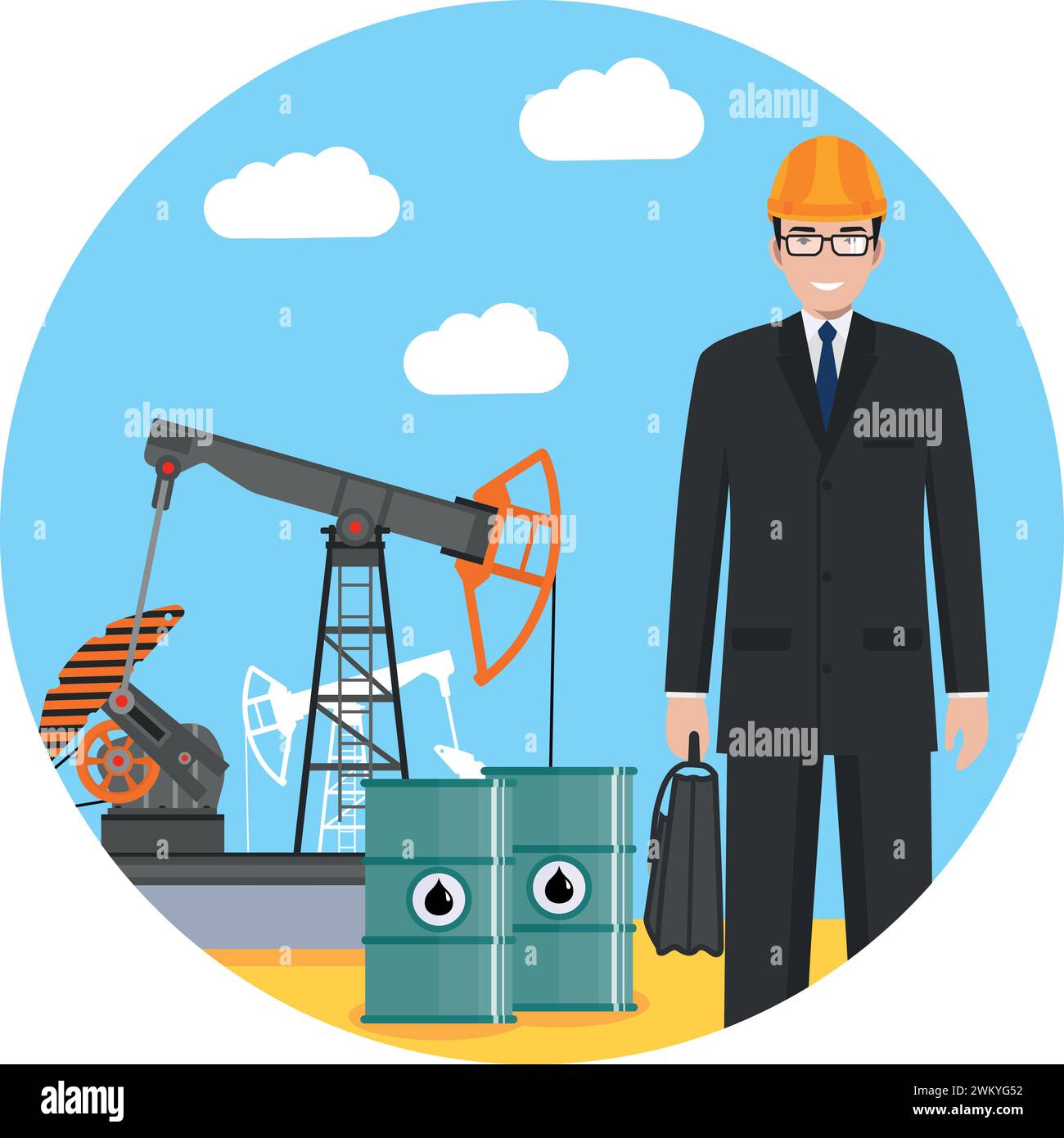 Ingénieur avec pompe à huile et barils pour le carburant. Illustration vectorielle Illustration de Vecteur