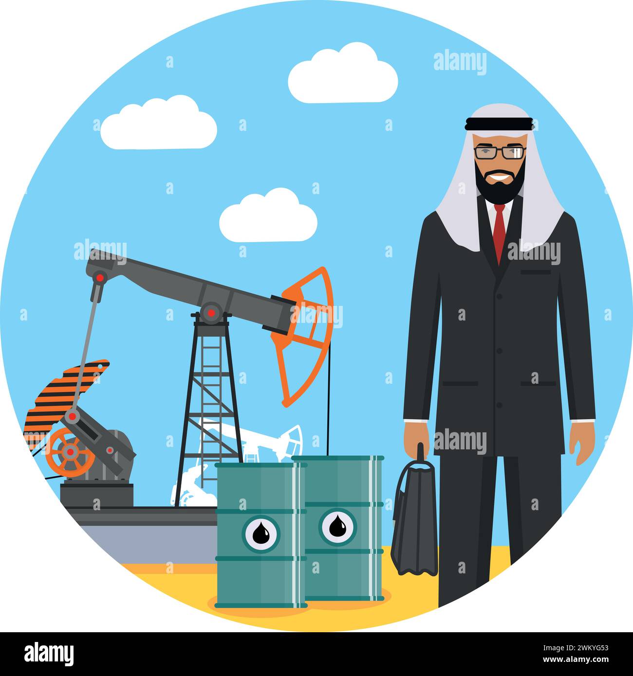 Homme d'affaires musulman arabe avec pompe à huile et barils pour le carburant. Illustration vectorielle Illustration de Vecteur