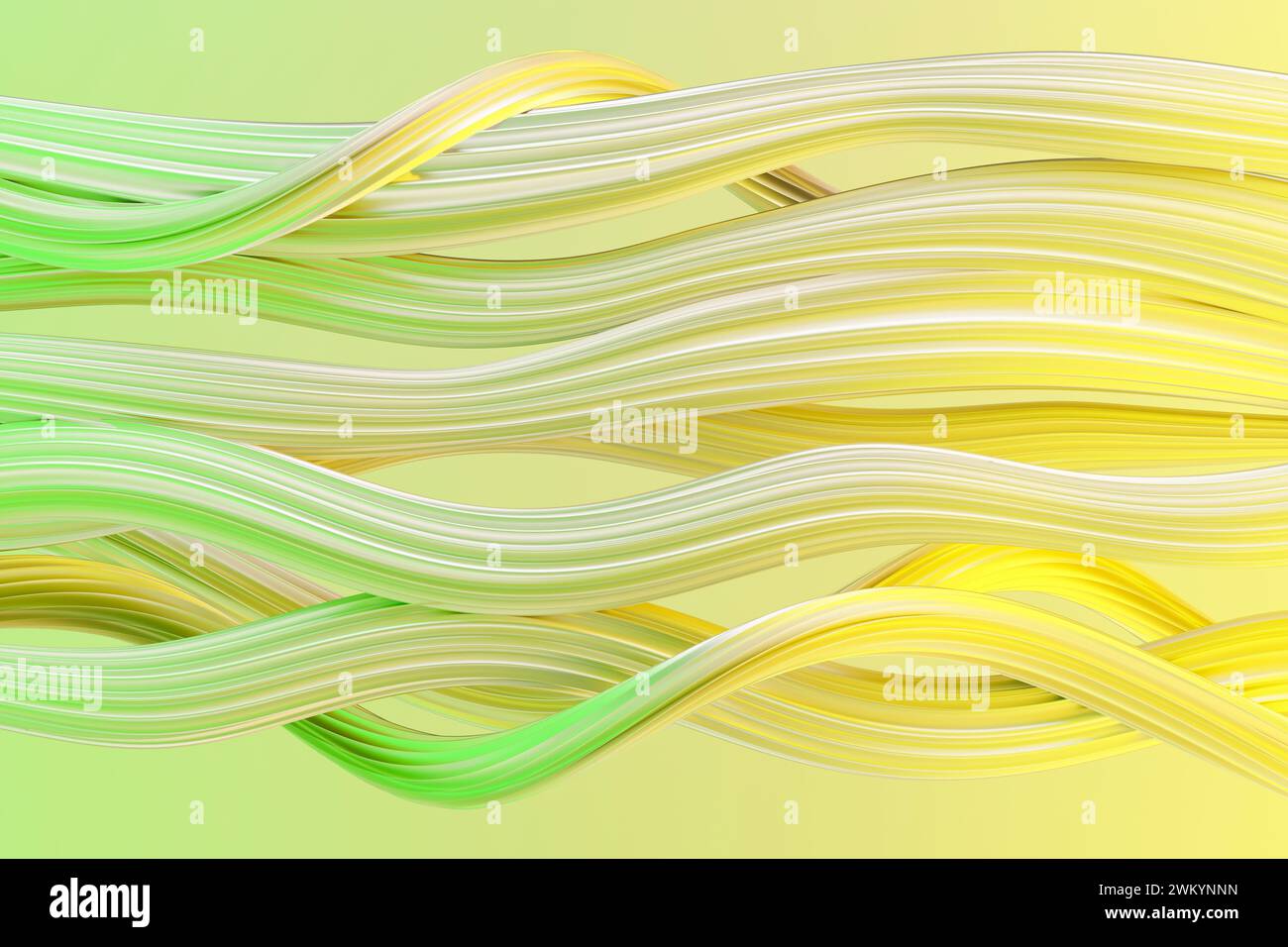 Fond jaune et vert abstrait avec des lignes ondulées fluides créant un motif dynamique. rendu 3d. Banque D'Images