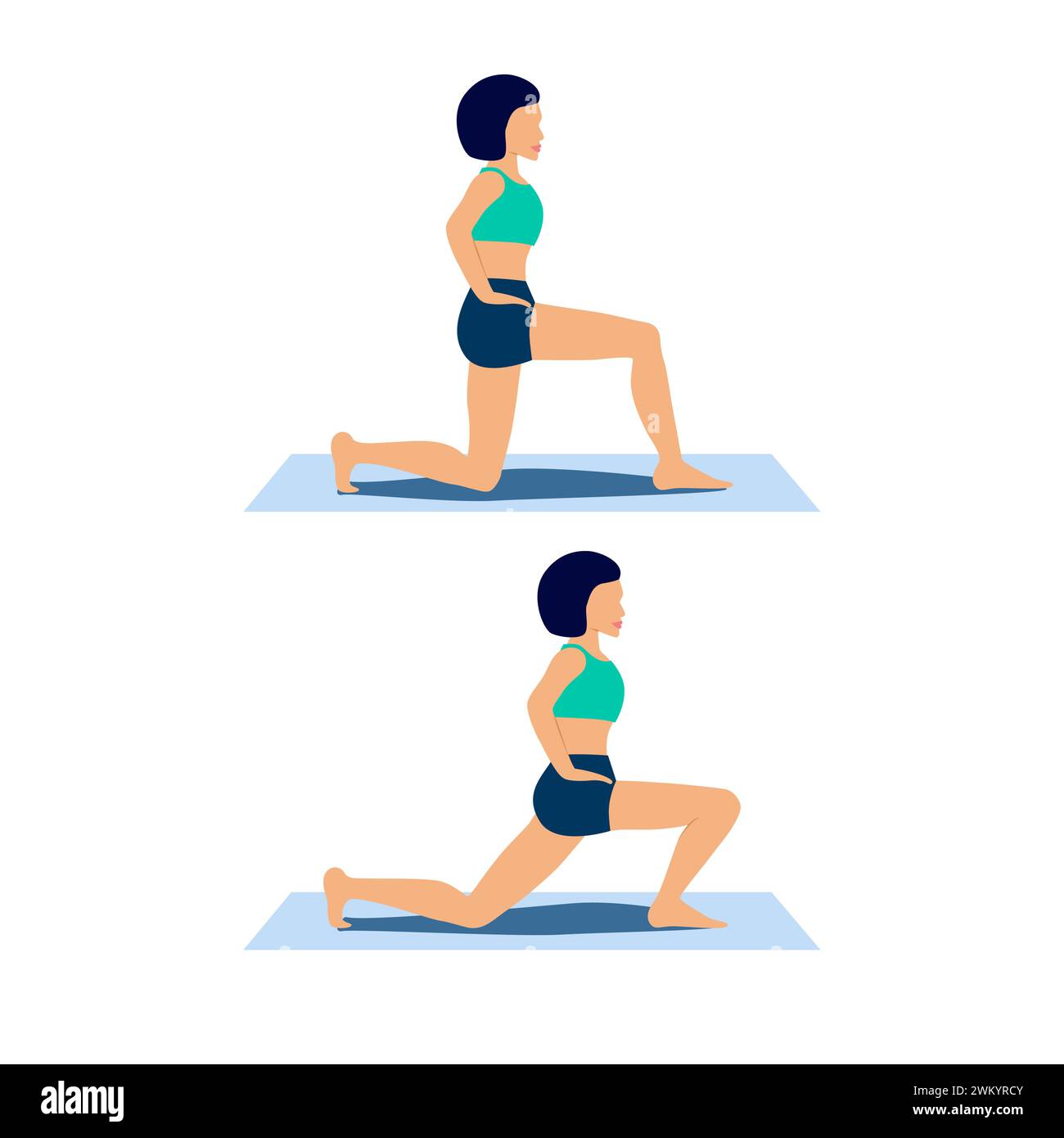 La femme démontre l'exercice d'étirement du fléchisseur de la hanche en position de fente. Penchez-vous vers l'avant à partir de la position à moitié agenouillée. Entraînement musculaire iliopsoas pour lordose. Scène de personnage plat pour mobile, app, web Illustration de Vecteur