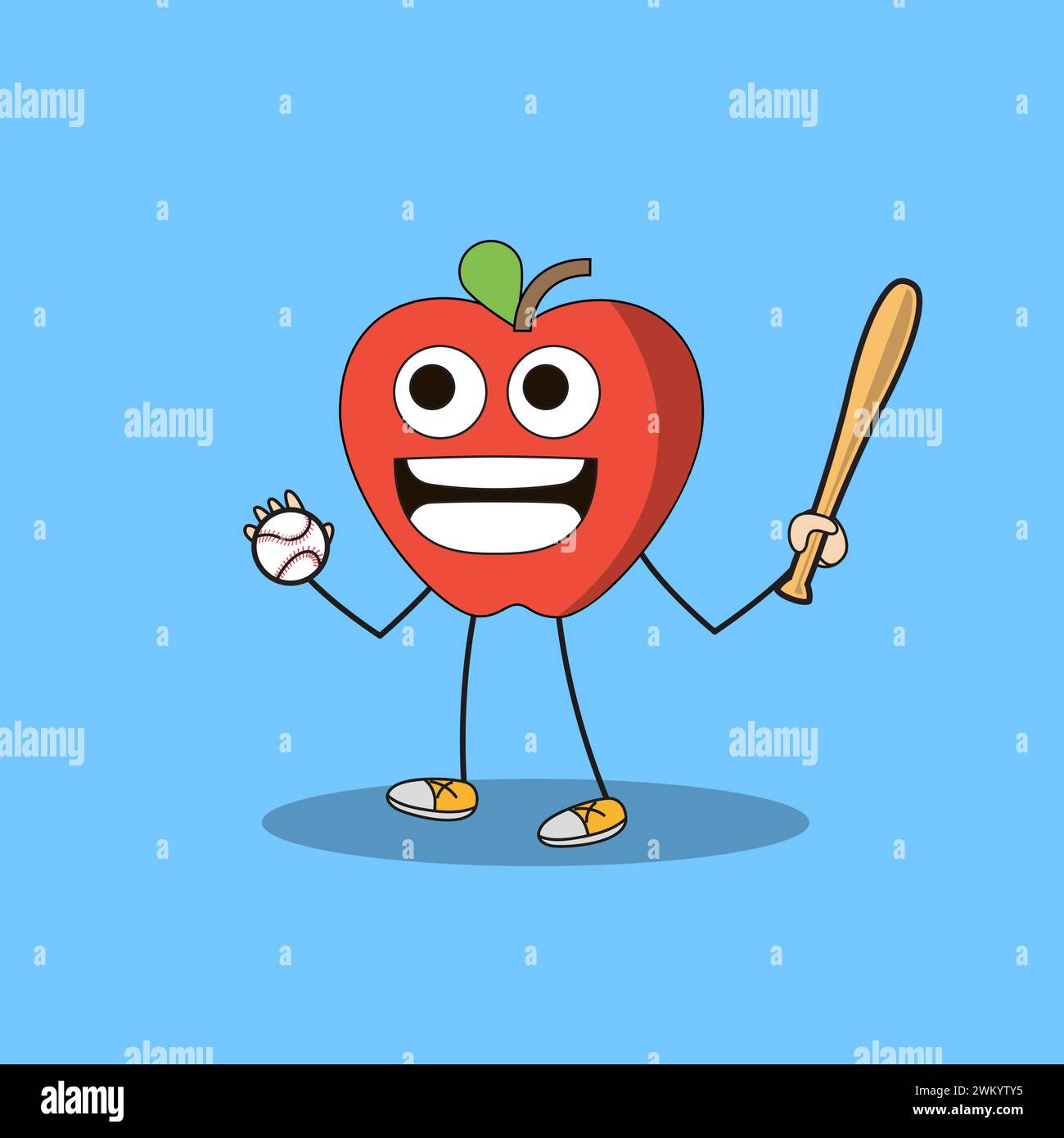 Illustration d'art Doodle Kawaii fruits symbole personnage Apple Mascot activité de baseball Illustration de Vecteur