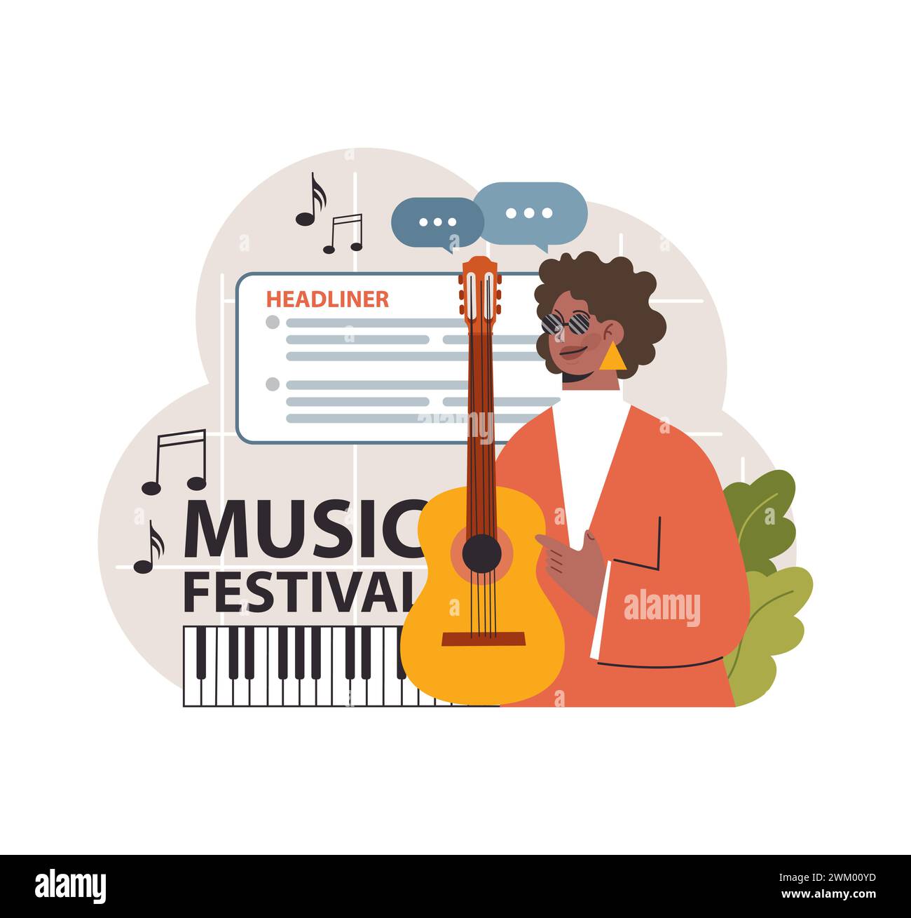 Musicienne souriant avec sa guitare, prête à être la tête d'affiche du Festival de musique. Les notes flottent à mesure que l'enthousiasme suscite sa performance. Illustration vectorielle plate Illustration de Vecteur