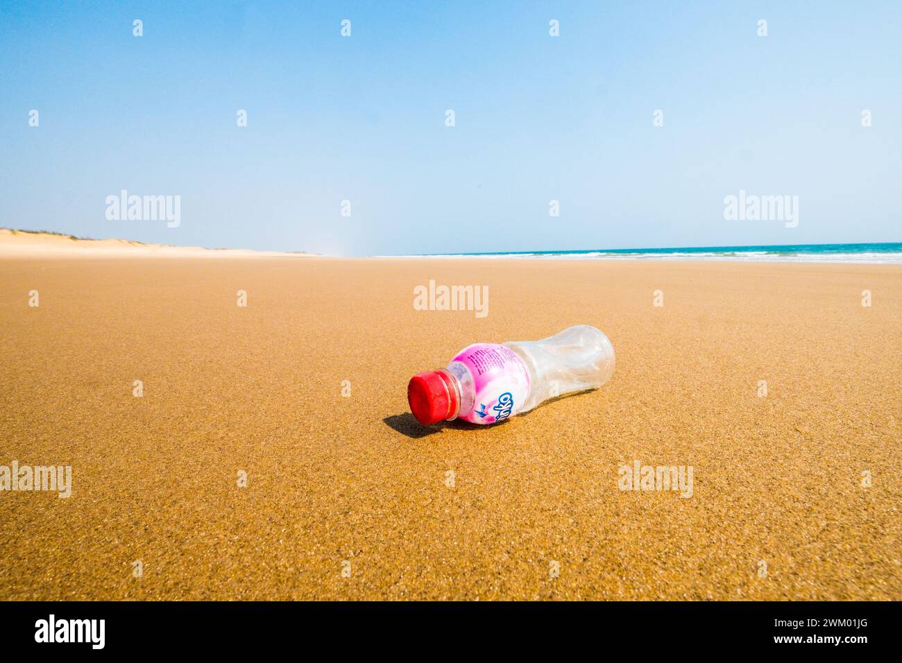 Une bouteille de boisson en plastique sur une plage autrement déserte sur la côte est de l'Inde Banque D'Images