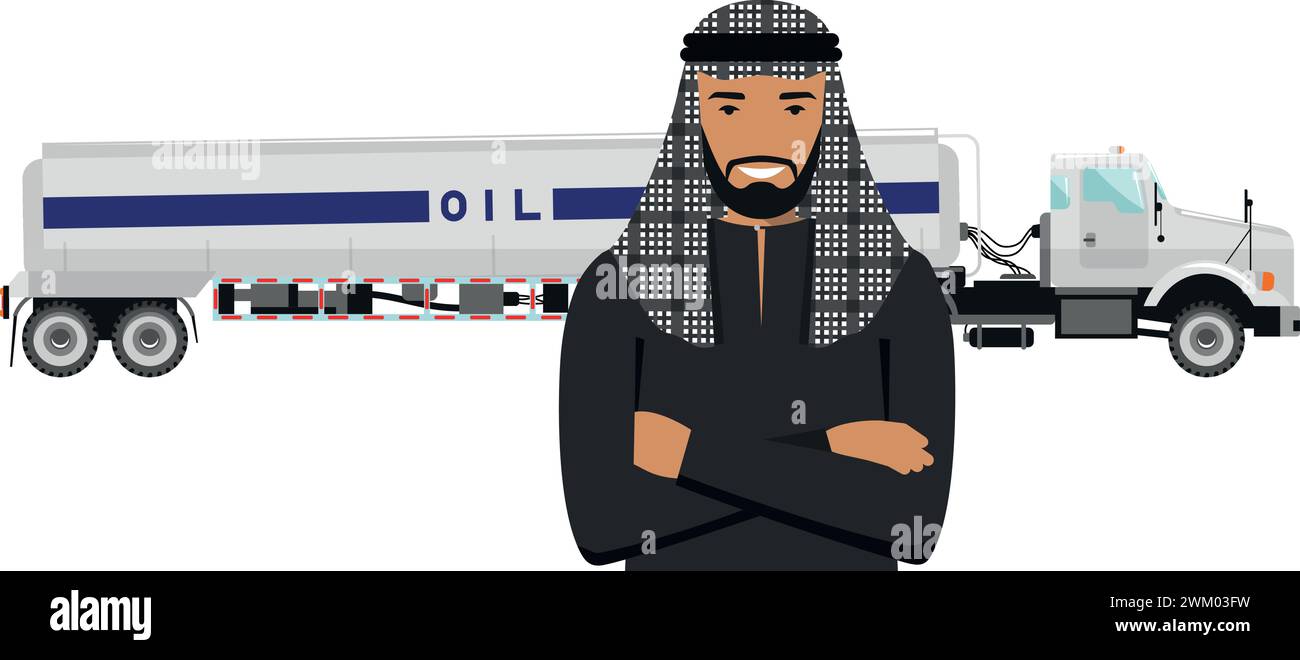 Homme arabe saoudien dans les vêtements nationaux traditionnels et camion à essence dans le style plat. Illustration de Vecteur