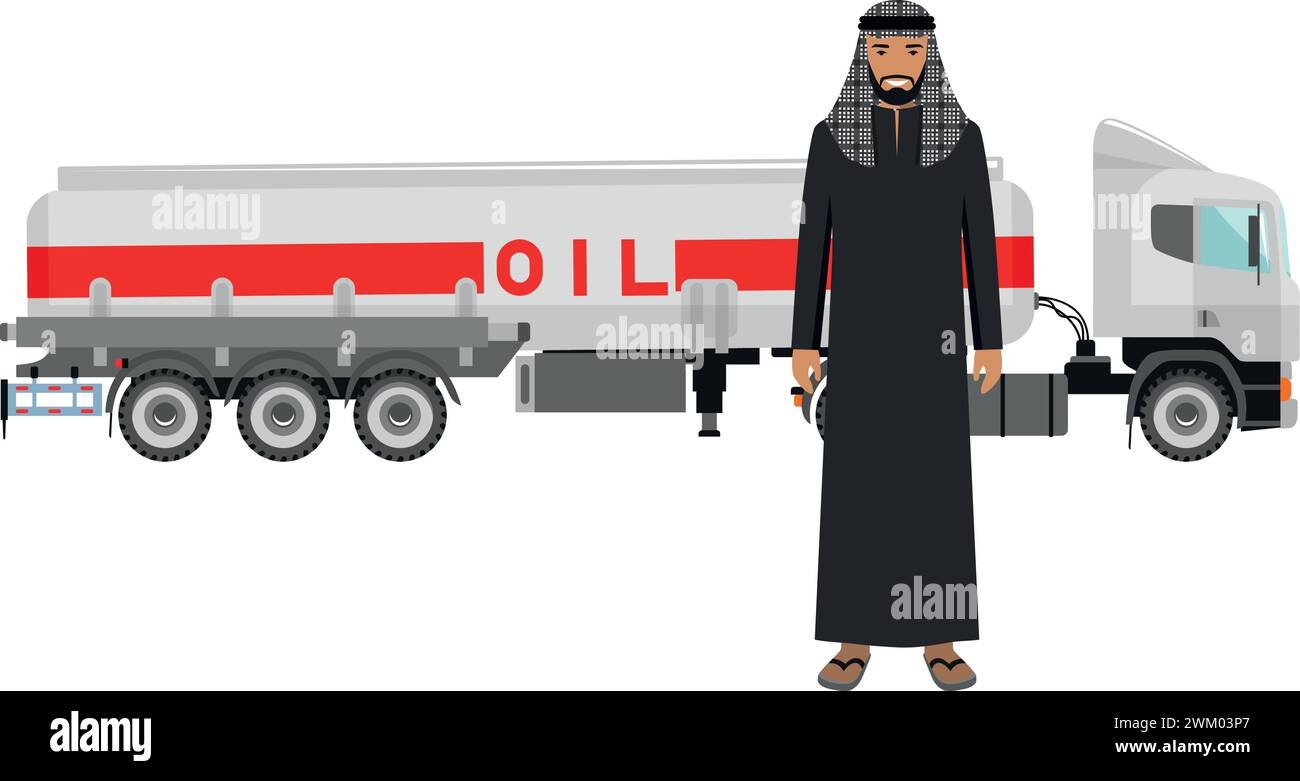 Homme arabe saoudien dans les vêtements nationaux traditionnels et camion à essence dans le style plat. Illustration de Vecteur