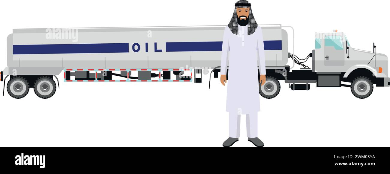Homme arabe saoudien dans les vêtements nationaux traditionnels et camion à essence dans le style plat. Illustration de Vecteur