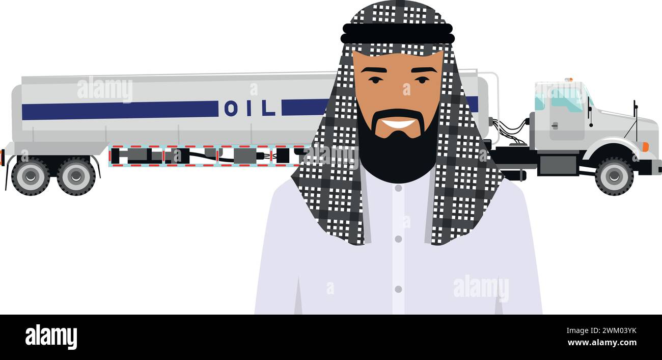 Homme arabe saoudien dans les vêtements nationaux traditionnels et camion à essence dans le style plat. Illustration de Vecteur