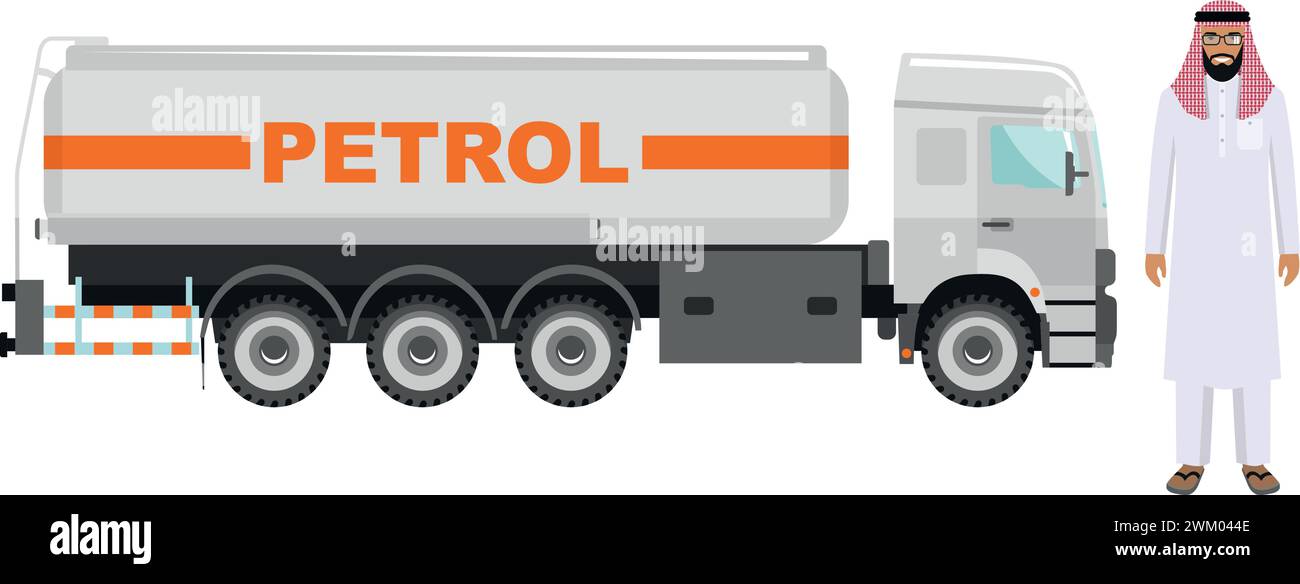 Homme arabe saoudien dans les vêtements nationaux traditionnels et camion à essence dans le style plat. Illustration de Vecteur