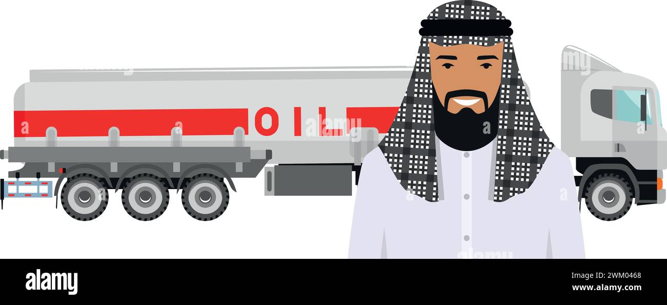 Homme arabe saoudien dans les vêtements nationaux traditionnels et camion à essence dans le style plat. Illustration de Vecteur