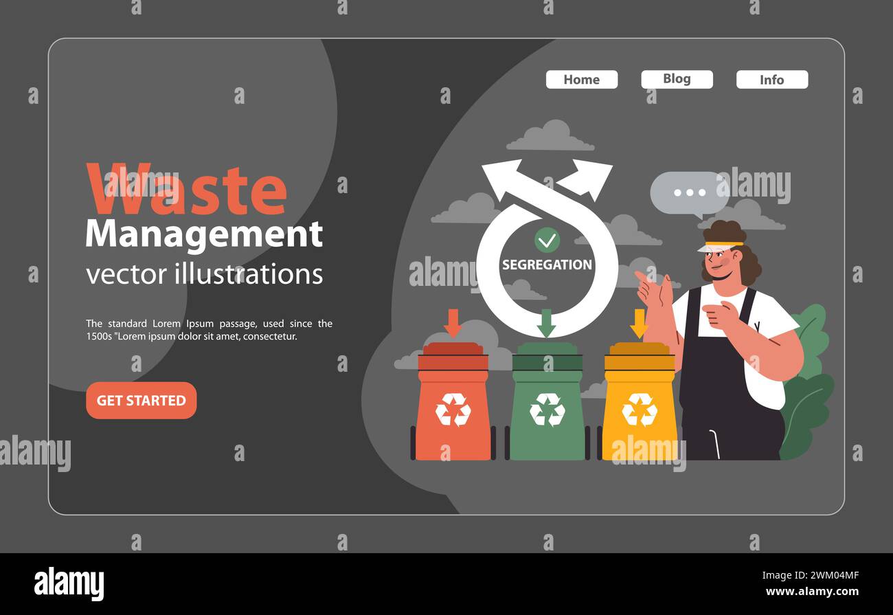 Travailleur guidant la séparation des déchets. Bacs à code couleur pour le recyclage, flèches indiquant la mise au rebut correcte. Gestion responsable des déchets. Illustration vectorielle plate Illustration de Vecteur