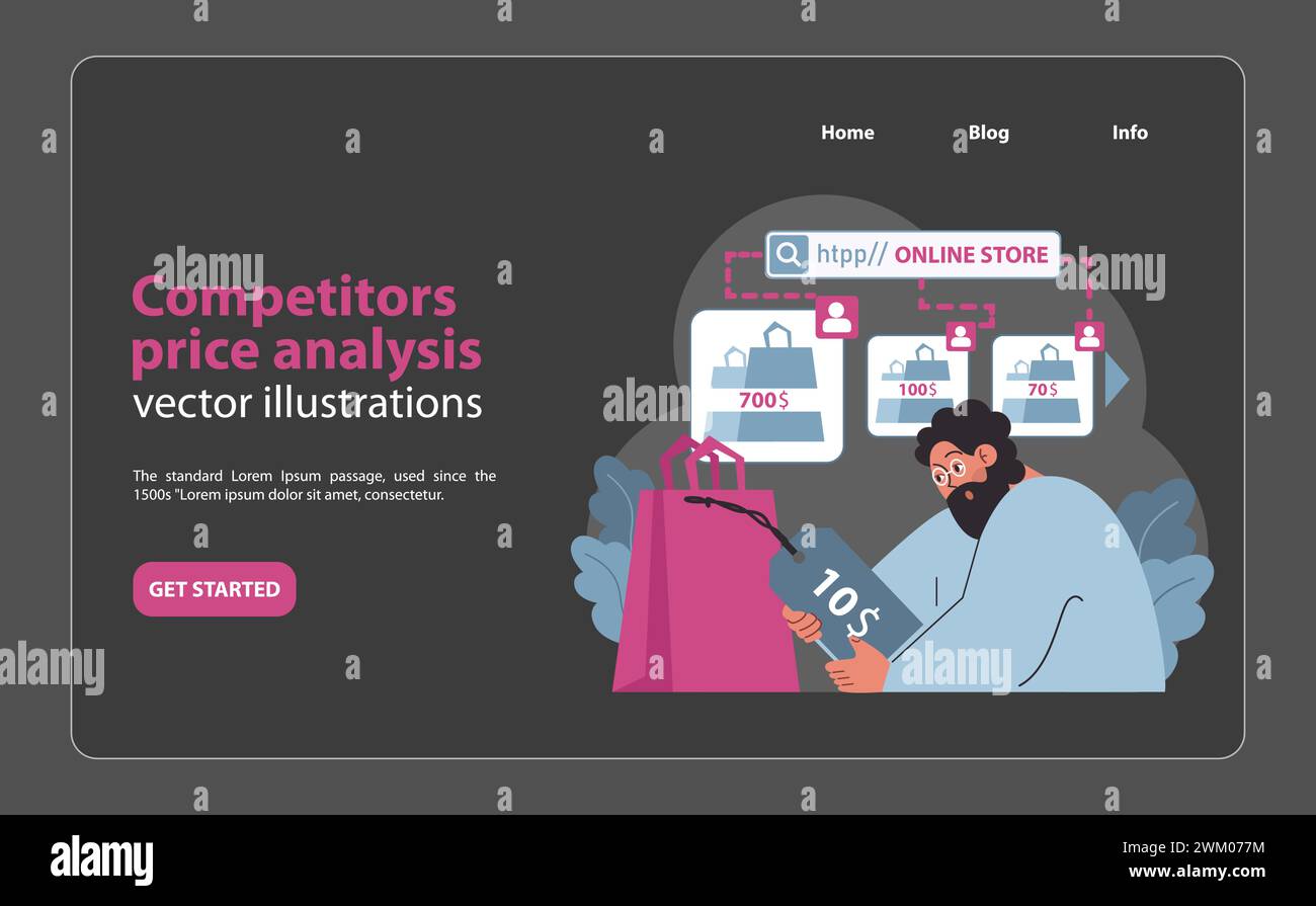 Concept d'analyse des prix des concurrents. Analyste évaluant les stratégies de tarification des magasins en ligne pour optimiser le positionnement sur le marché. Comparaison des coûts et évaluation de la valeur dans le commerce électronique. Illustration vectorielle plate. Illustration de Vecteur