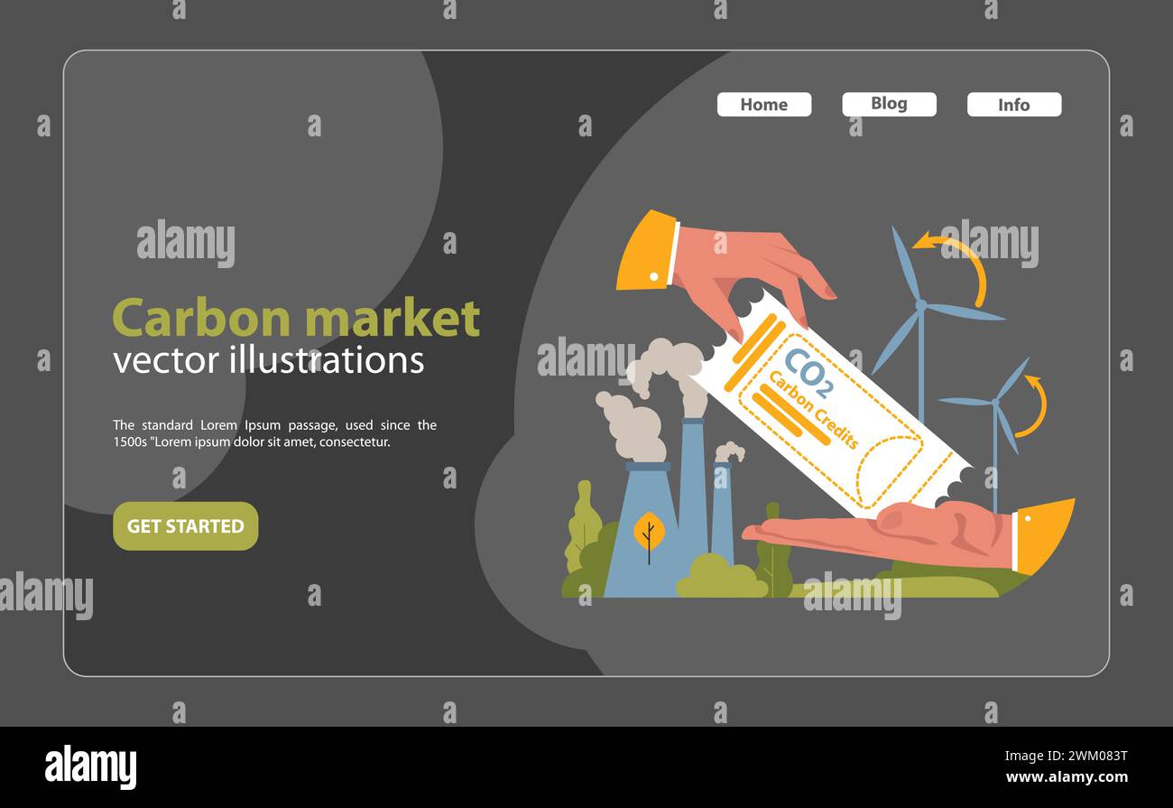 Mains échangeant un crédit carbone au milieu d’une juxtaposition de fumées industrielles et d’éoliennes propres. Le commerce sur le marché du carbone pour un monde plus propre. Illustration vectorielle plate. Illustration de Vecteur