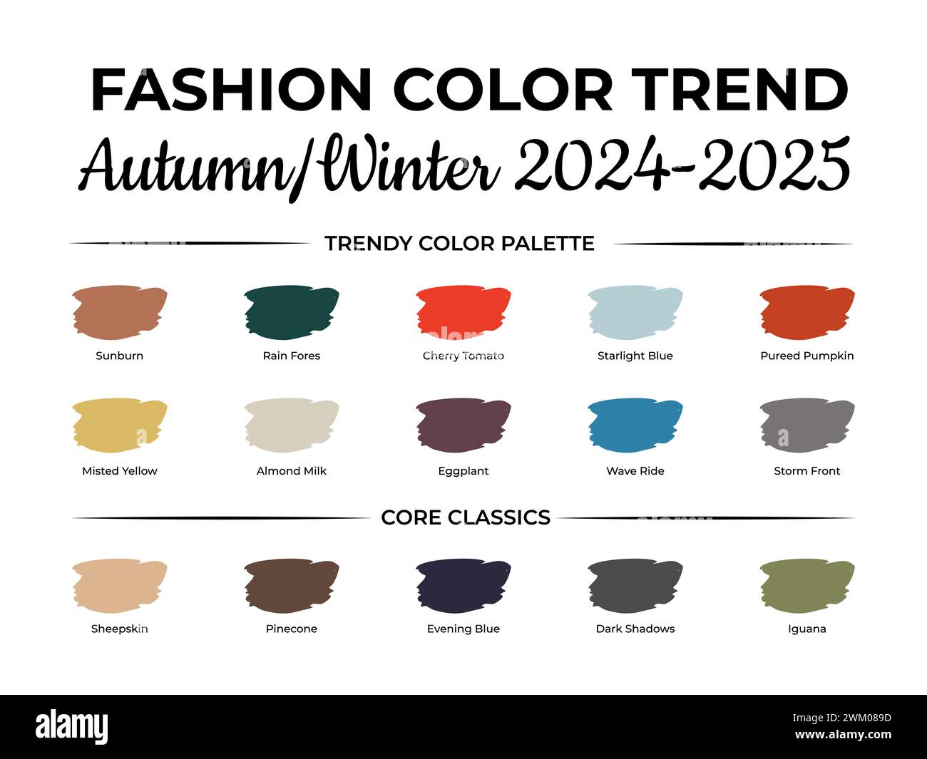 Tendance de couleur de mode automne - hiver 2024 - 2025. Guide de palette de couleurs tendance. Échantillons de tissu avec noms de couleur. Modèle vectoriel pour votre desi créatif Illustration de Vecteur
