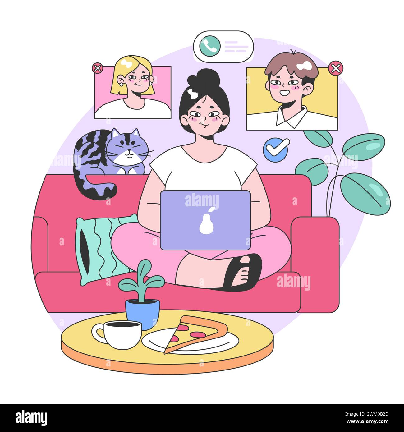 Concept de communication en ligne. La vidéo de femme appelle des amis sur ordinateur portable à partir d'un salon confortable, accompagné d'un chat, appréciant le thé et la pizza. Connexion numérique à loisir. Illustration vectorielle plate. Illustration de Vecteur