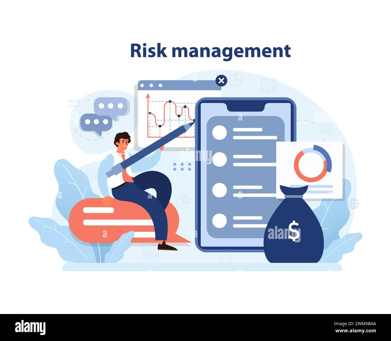 Maîtriser la diversification par la gestion des risques. Un investisseur proactif analyse les données, assurant une combinaison équilibrée d'actifs pour une sécurité et des rendements optimaux. Prévision financière stratégique. Illustration de Vecteur