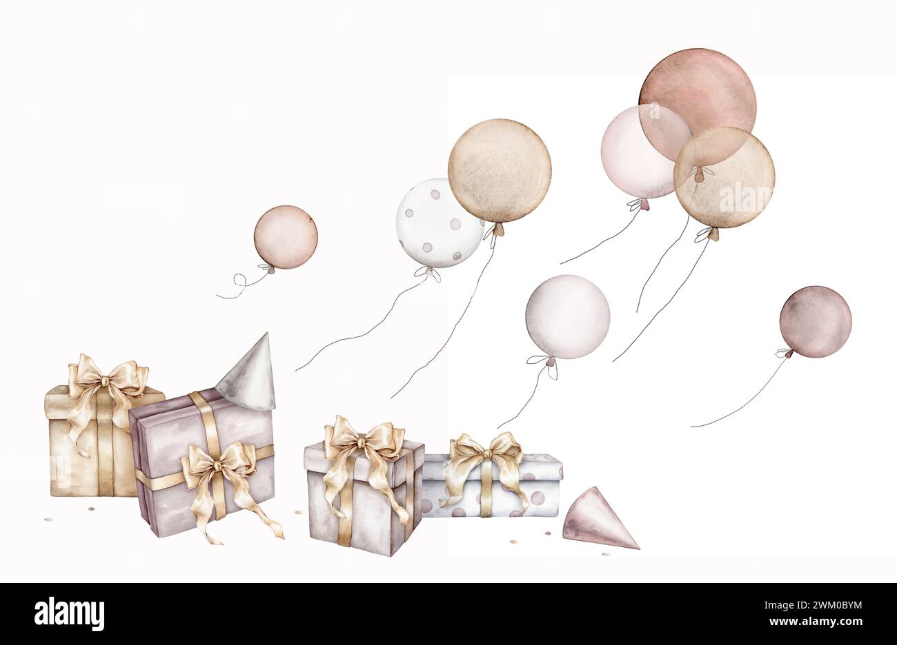 Boîtes cadeaux aquarelle avec des noeuds en or et ballon pour anniversaire. popper de fête et confettis éclatants. Illustration de dessin à la main sur fond isolé Banque D'Images