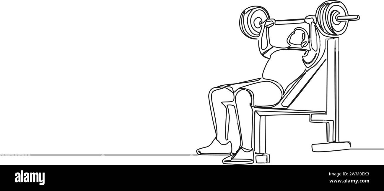 dessin continu d'un seul trait de fit man pendant l'exercice de presse sur banc, illustration vectorielle de dessin au trait Illustration de Vecteur