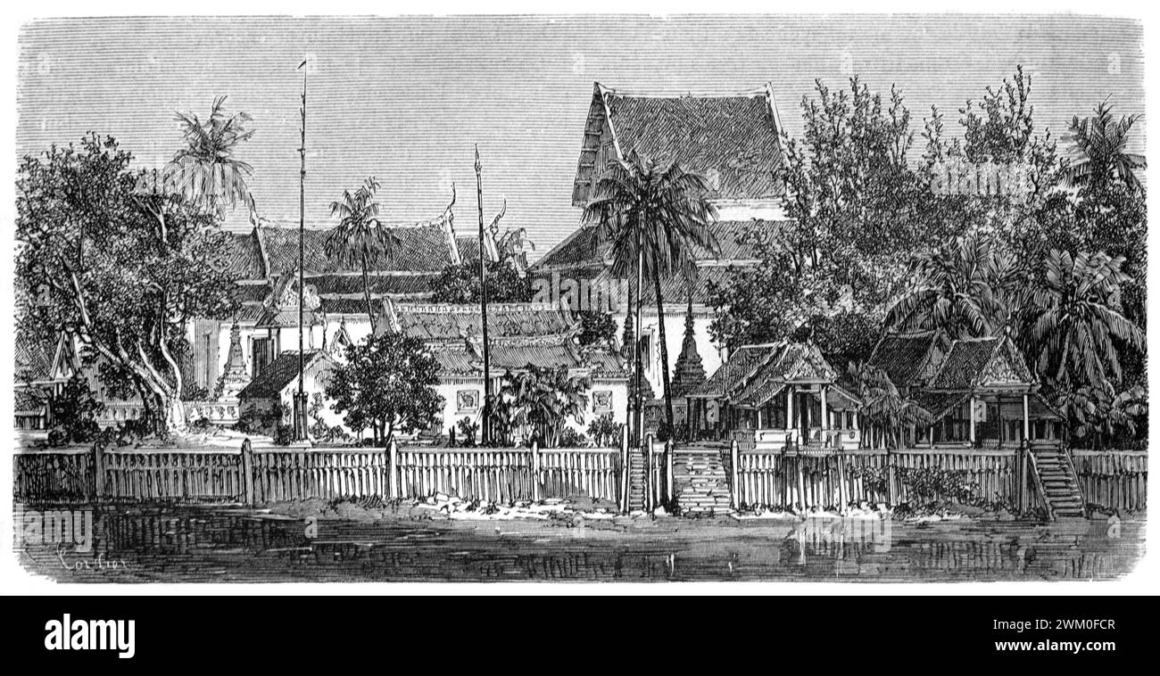 Vue anticipée de la pagode Ayutthaya ou Temple au parc historique Ayutthaya Thaïlande. Gravure vintage ou historique ou illustration 1863 Banque D'Images