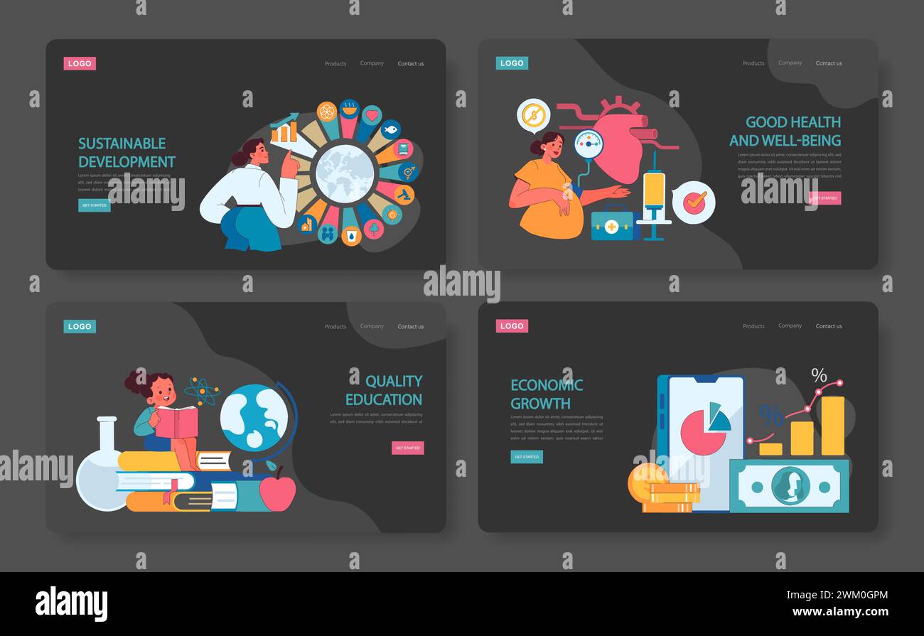 ODD ou objectifs de développement durable Web ou ensemble d'atterrissage. Objectif mondial pour un avenir meilleur, y compris l'égalité, la santé, l'éducation, l'énergie propre et la croissance économique. ESG et CSR. Illustration vectorielle plate Illustration de Vecteur