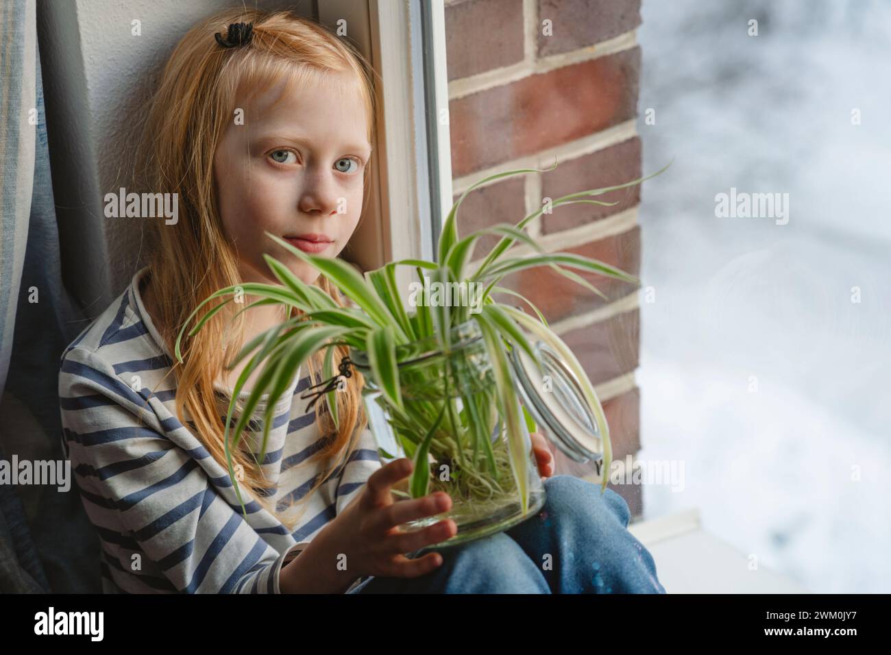 Fille tenant une plante d'araignée et assise près de la fenêtre Banque D'Images