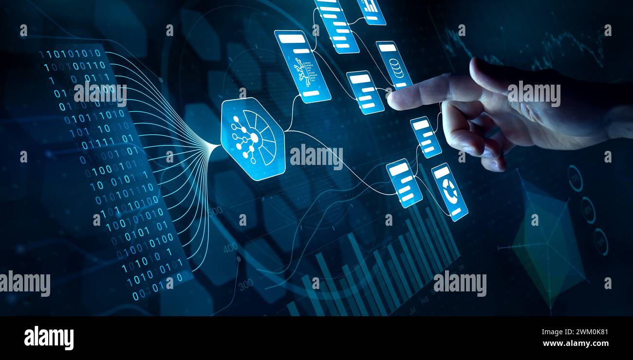 Flux de travail basé SUR L'IA, automatisation des analyses de gestion des données et des rapports métier avec indicateurs clés de performance, aperçus prédictifs et intégration Big Data. Homme d'affaires à Banque D'Images