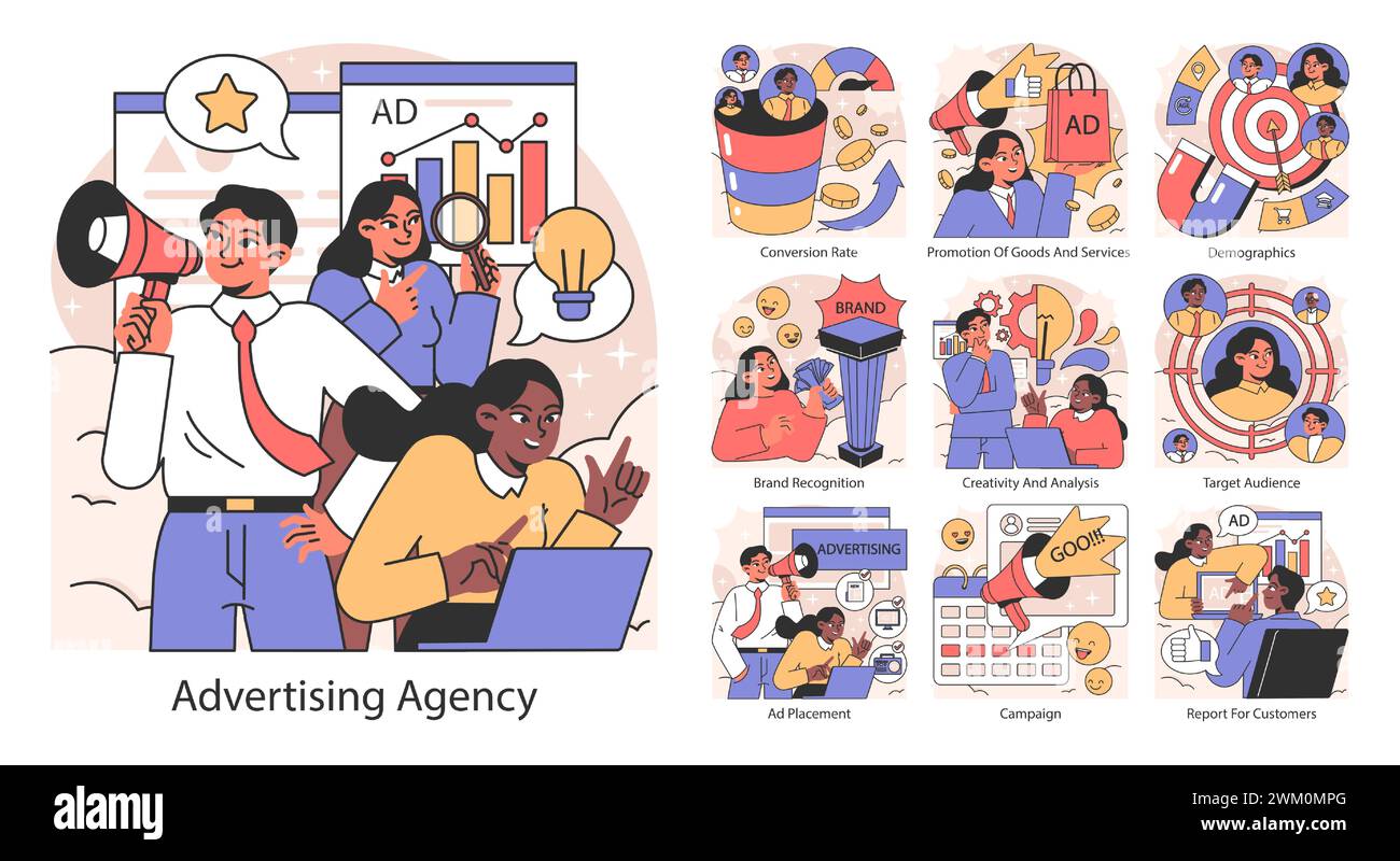 Concept d'agence de publicité dynamique. Les équipes participent à la stratégie créative, à la planification des médias et à l'exécution des campagnes. Analyse perspicace et identification du public cible. Illustration vectorielle plate. Illustration de Vecteur