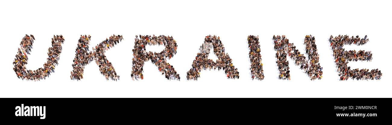 Concept ou conceptuel grande communauté de personnes formant MOT UKRAINE. 3d métaphore de l'illustration pour le patriotisme, l'amour, le pays, la culture, l'histoire, personnes Banque D'Images