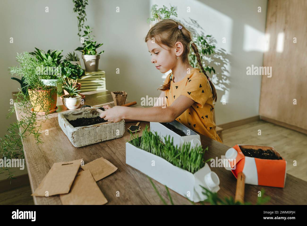 Creative Girl upcycling carton de lait dans le pot à la maison Banque D'Images