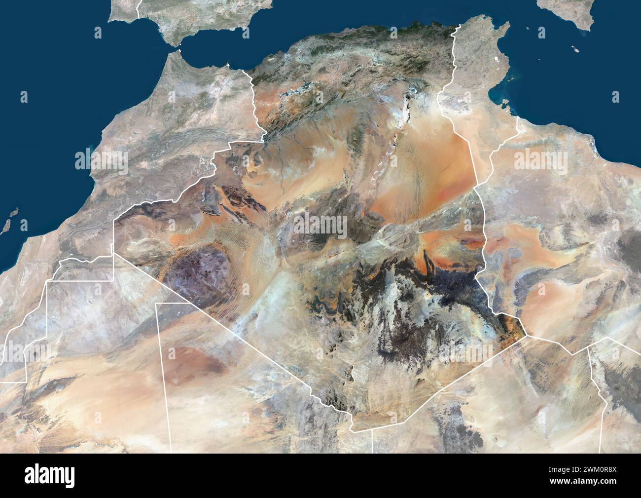 Image satellite couleur de l'Algérie, avec bordures et masque. Banque D'Images Image satellite couleur de l'Algérie, avec bordures et masque. Banque D'Images