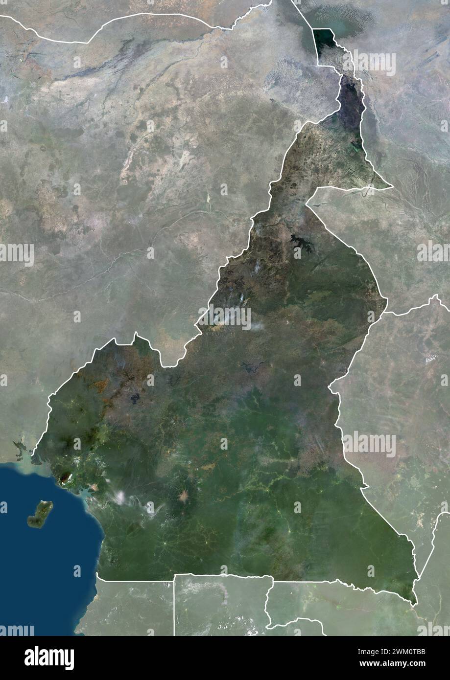 Image satellite couleur du Cameroun, avec bordures et masque. Banque D'Images
