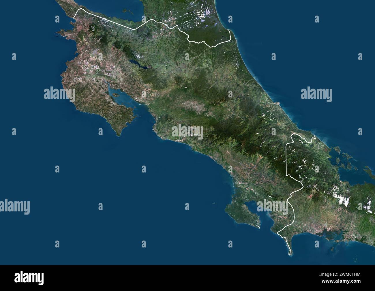 Image satellite couleur du Costa Rica et des pays voisins, avec frontières. Banque D'Images