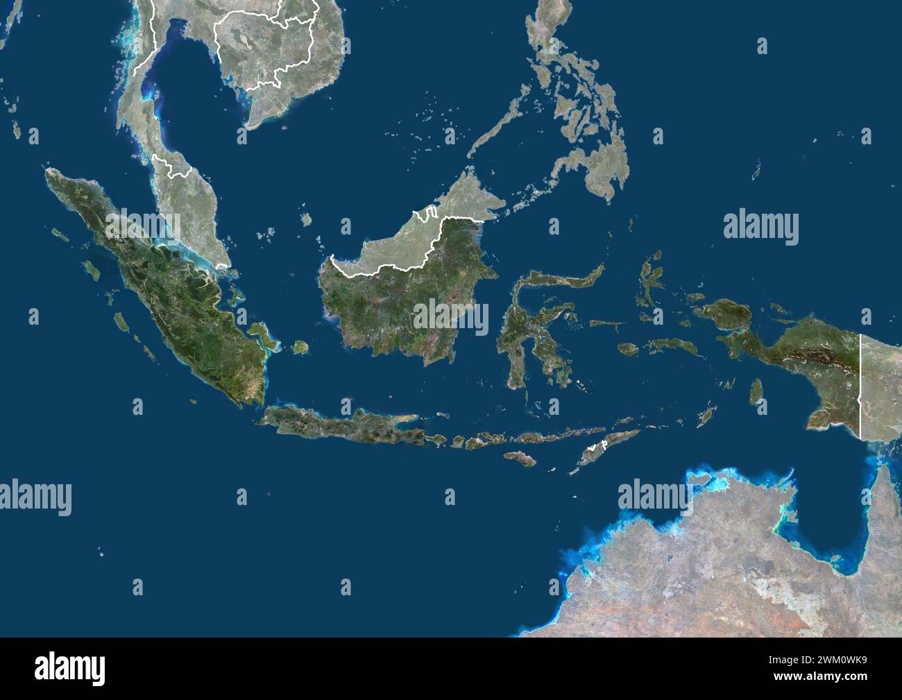 Image satellite couleur de l'Indonésie, avec bordures et masque. Banque D'Images