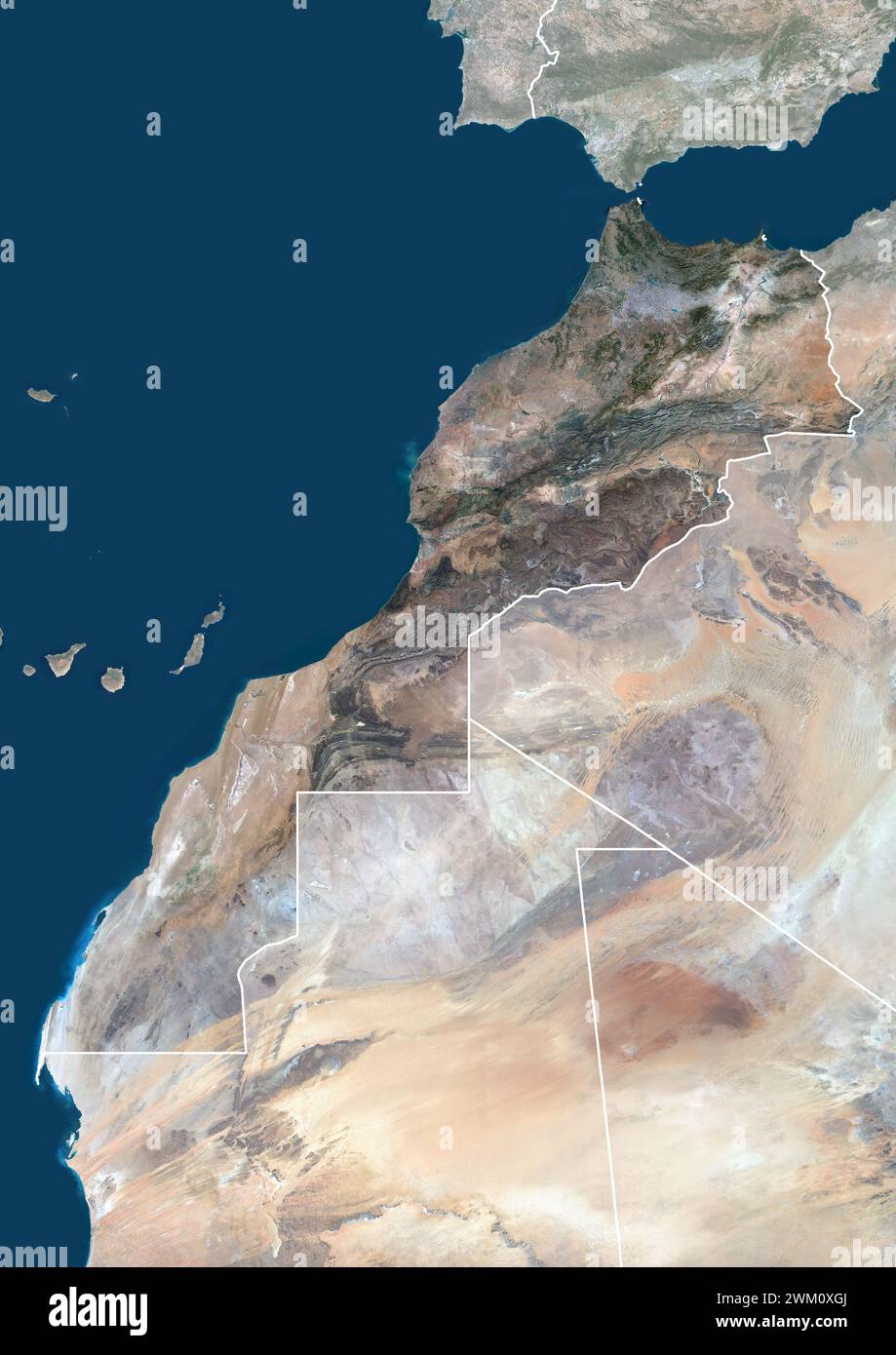 Image satellite couleur du Maroc, avec frontières et masque. Banque D'Images