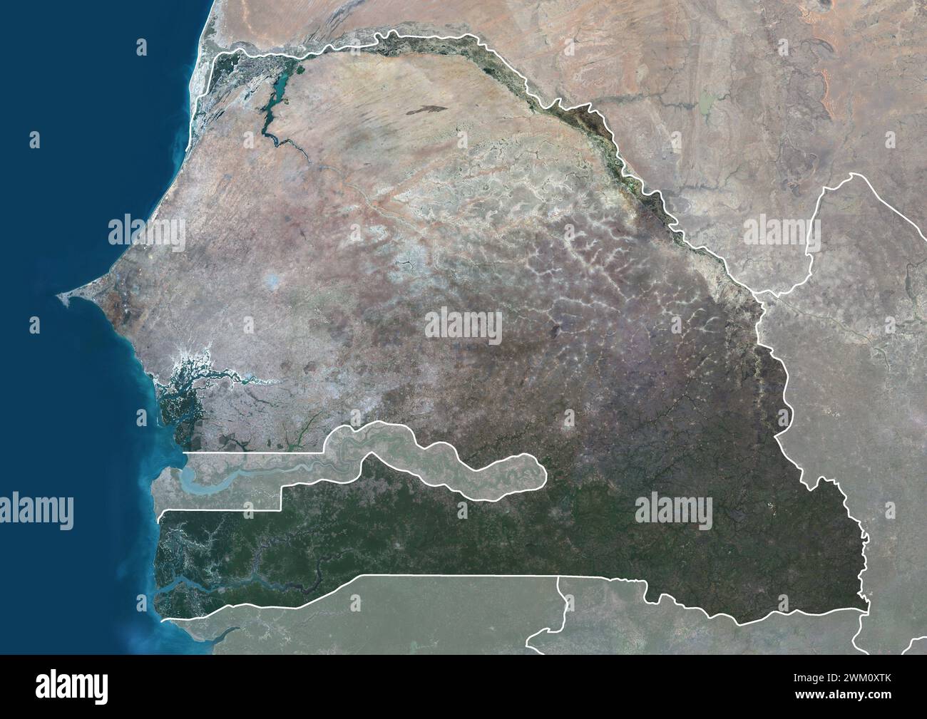 Image satellite couleur du Sénégal, avec bordures et masque. Banque D'Images