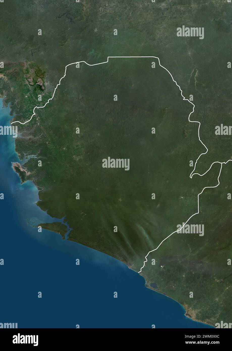Image satellite couleur de la Sierra Leone et des pays voisins, avec frontières. Banque D'Images