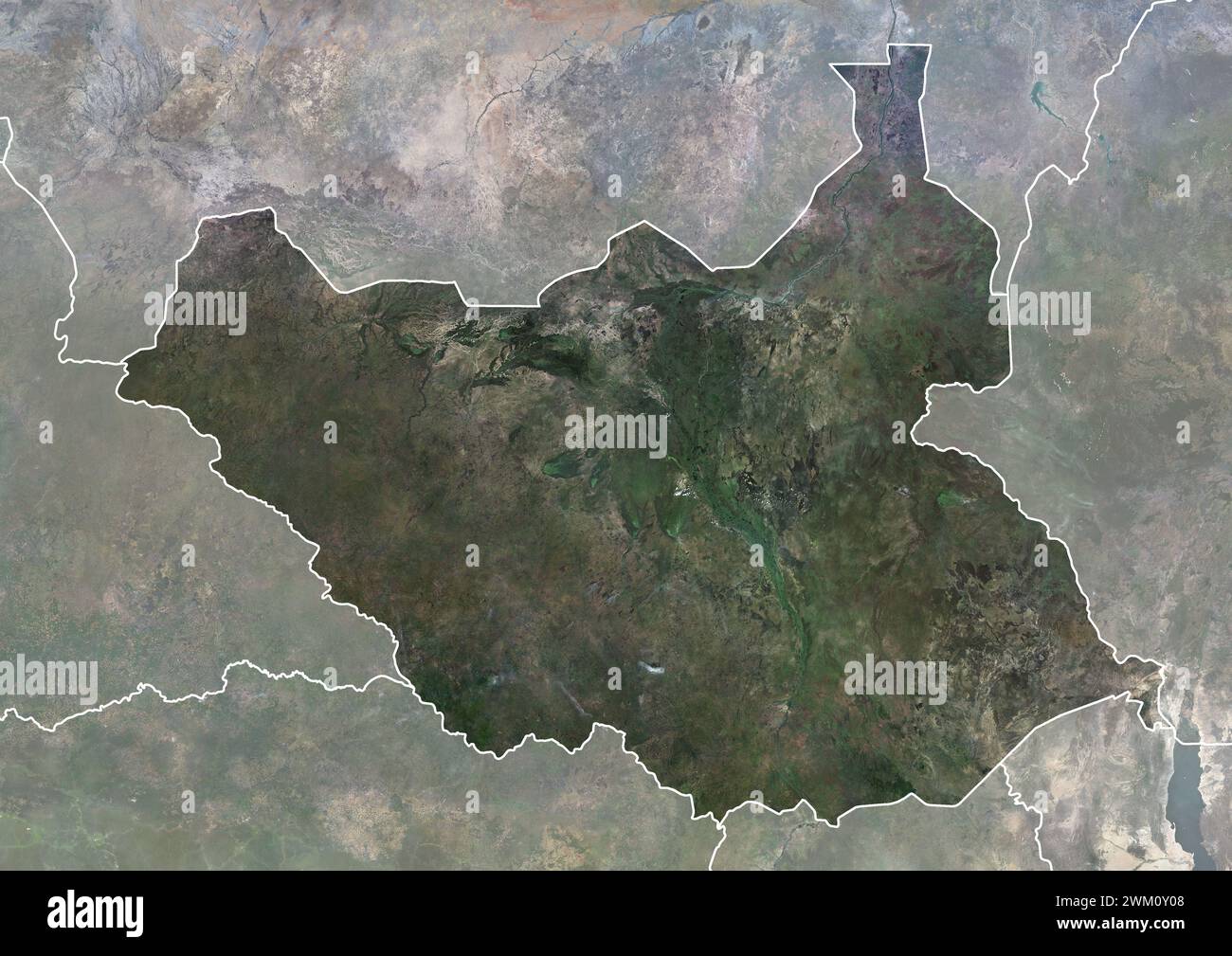 Image satellite couleur du Soudan du Sud, avec frontières et masque. Banque D'Images