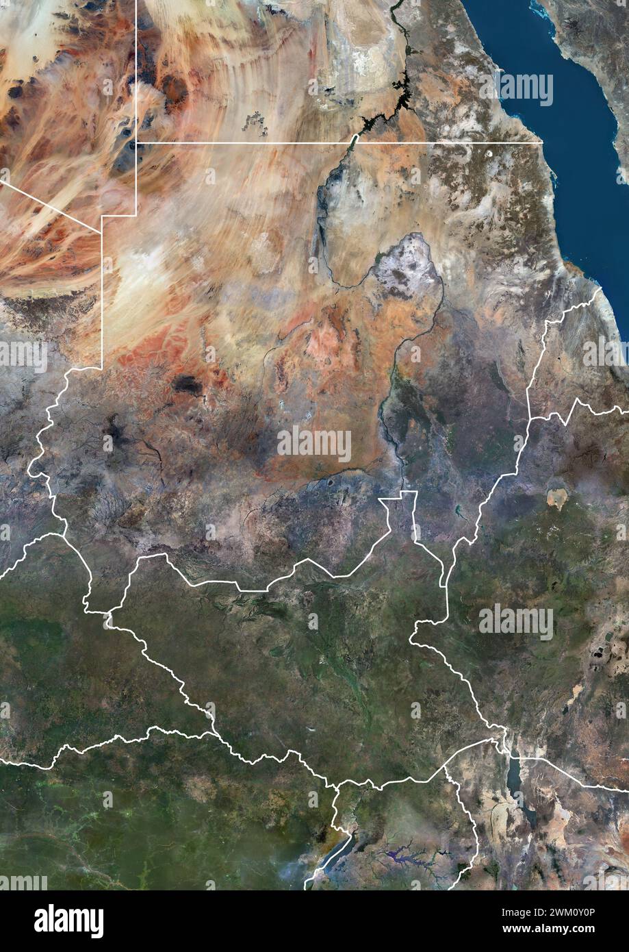 Image satellite couleur du Soudan, du Soudan du Sud et des pays voisins, avec frontières. Banque D'Images