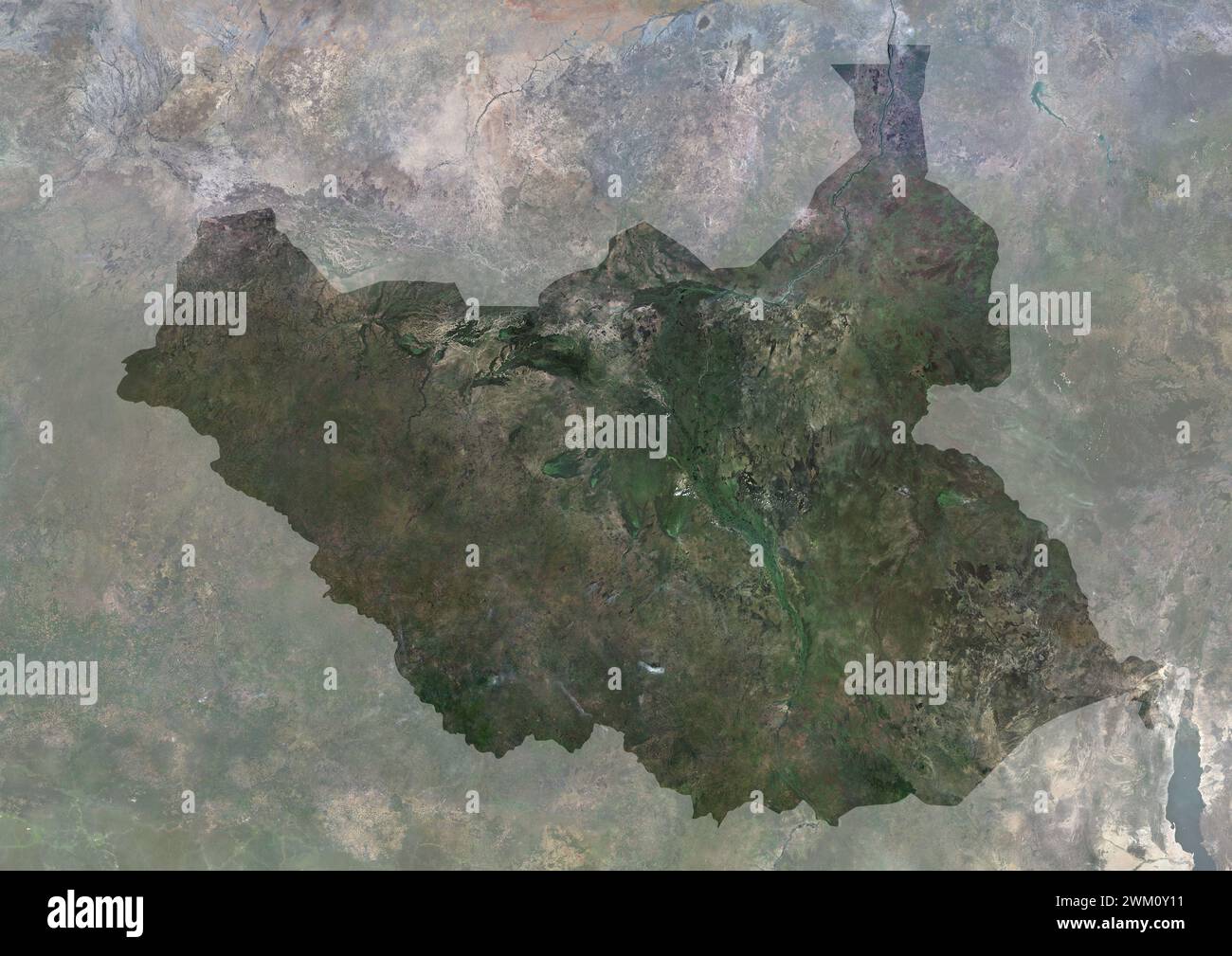 Image satellite couleur du Soudan du Sud, avec masque. Banque D'Images